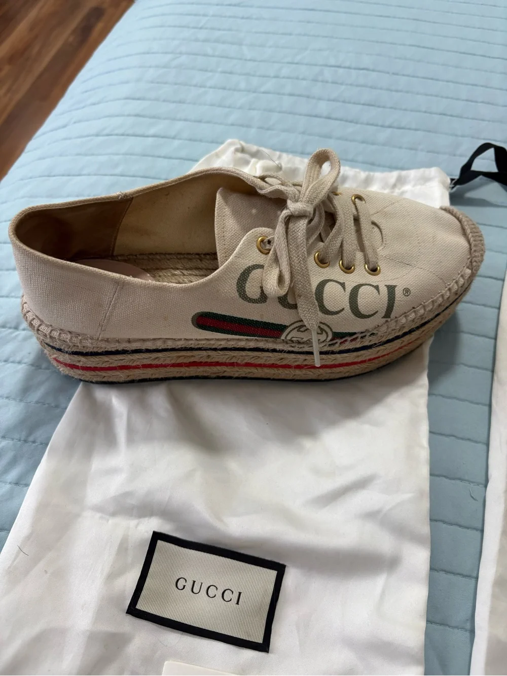 Gucci Beige Canvas Espadrille Sneaker with Green Logo